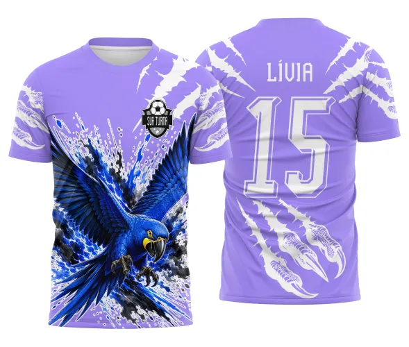 Ilustração autoral de arara azul para estampa de camisa interclasse e equipe escolar Arte Autoral Doces Desenhos