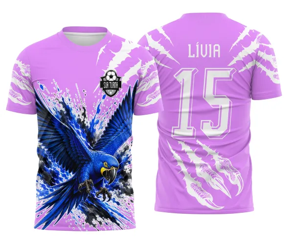 Arte de arara azul em estilo esportivo para camisa de jogos escolares e interclasse Arte Autoral Doces Desenhos