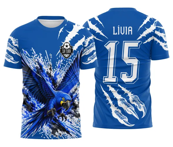 Arte de arara azul para camisa de futebol interclasse com estilo de time escolar e torcida Arte Autoral Doces Desenhos