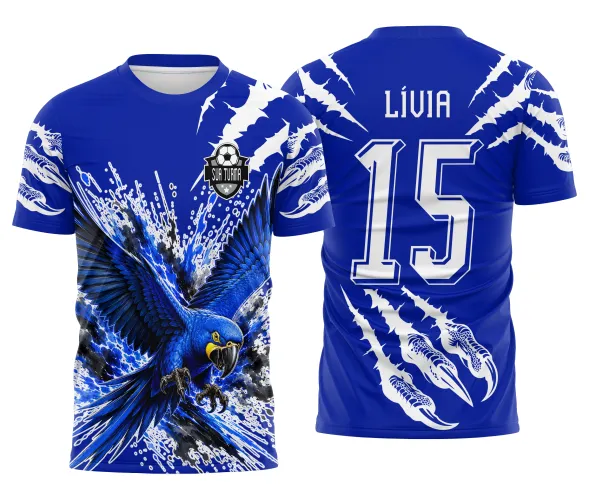 Arte digital de arara azul para uniforme de futsal interclasse e equipe esportiva escolar Arte Autoral Doces Desenhos