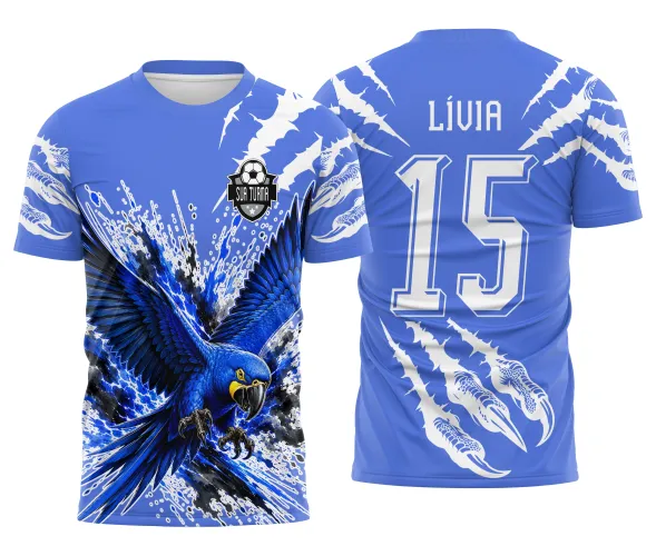 Arte de mascote arara azul para uniforme de handebol interclasse com estilo esportivo escolar Arte Autoral Doces Desenhos