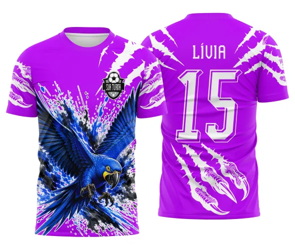 Mascote arara azul com composição dinâmica para camisa de equipe e torcida interclasse Arte Autoral Doces Desenhos