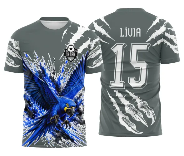 Mascote arara azul em posição de ataque para estampa esportiva de camisa interclasse Arte Autoral Doces Desenhos