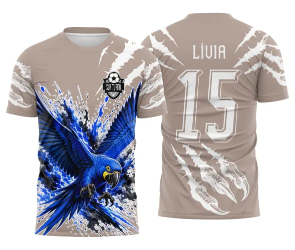 Mascote arara azul em voo com asas abertas para estampa de camisa interclasse Arte Autoral Doces Desenhos