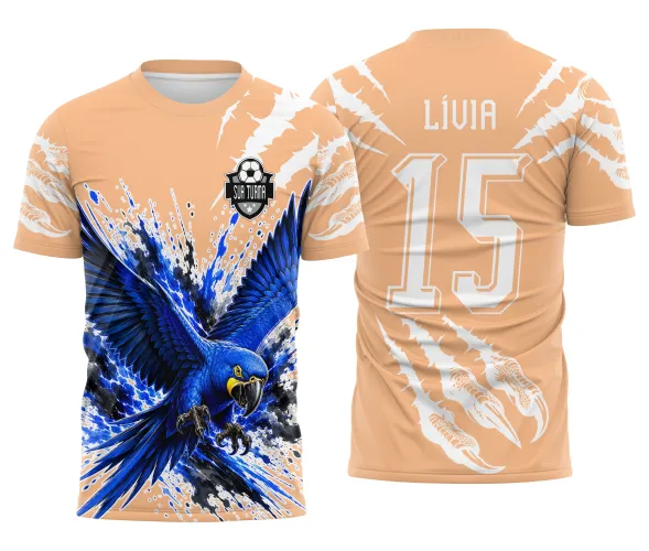 Arte moderna de arara azul para camisa de interclasse com elementos gráficos esportivos Arte Autoral Doces Desenhos