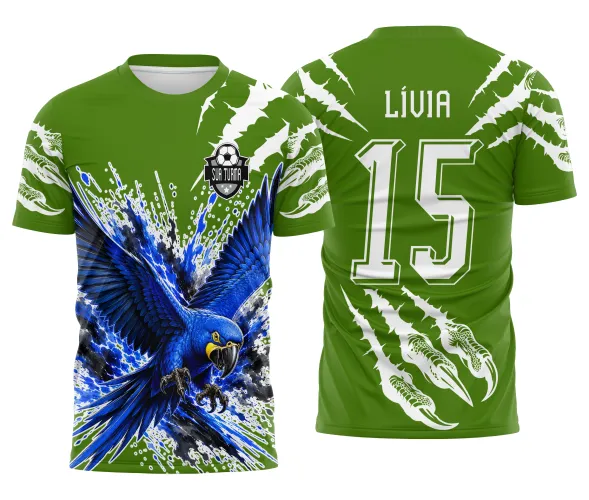 Arte de arara azul pronta para criação de estampa esportiva em camisa de interclasse Arte Autoral Doces Desenhos