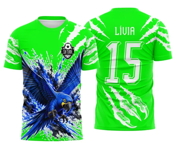 Arte de arara azul para camisa interclasse com espaço para nome número e identificação da turma Arte Autoral Doces Desenhos