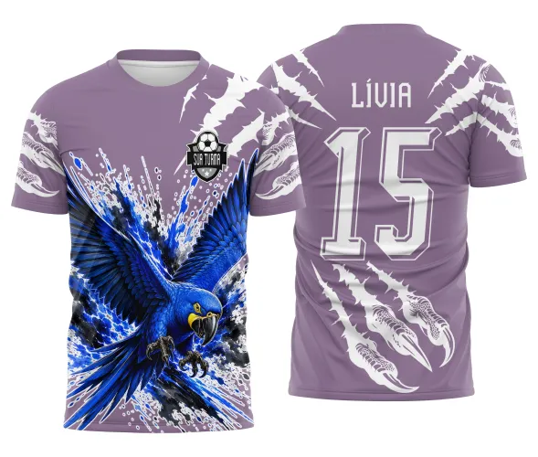 Arte de arara azul para camisa de jogos escolares com identidade esportiva de turma Arte Autoral Doces Desenhos
