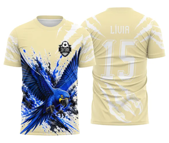 Arte autoral de arara azul para camisa de turma escolar e competição interclasse Arte Autoral Doces Desenhos