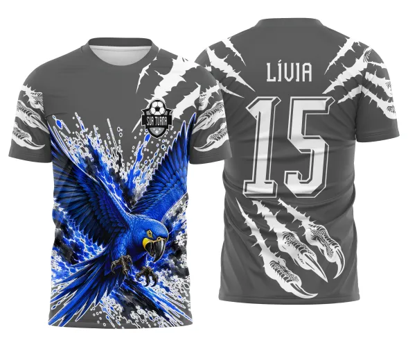 Arte de arara azul para camisa de torcida escolar com visual esportivo e composição impactante Arte Autoral Doces Desenhos