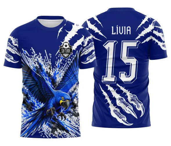 Arte de arara azul para camisa de turma escolar com estilo esportivo para jogos interclasse Arte Autoral Doces Desenhos