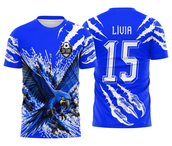 Estampa de arara azul para camisa de vôlei interclasse com identidade visual de turma escolar Arte Autoral Doces Desenhos