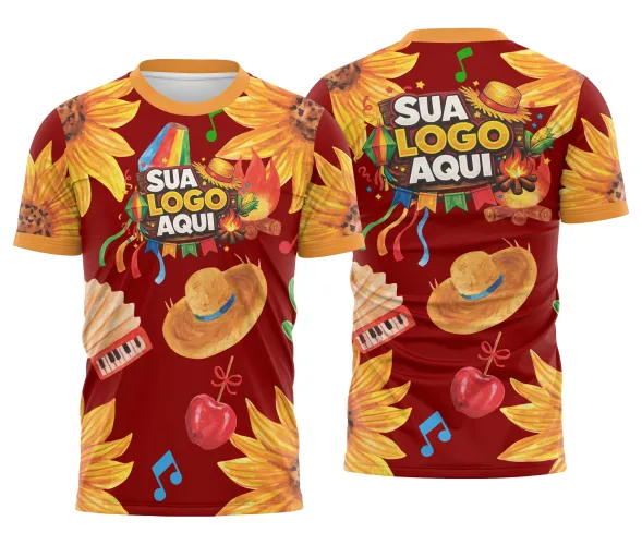 Estampa para camisa de Festa Junina com girassóis fogueira chapéu e sanfona