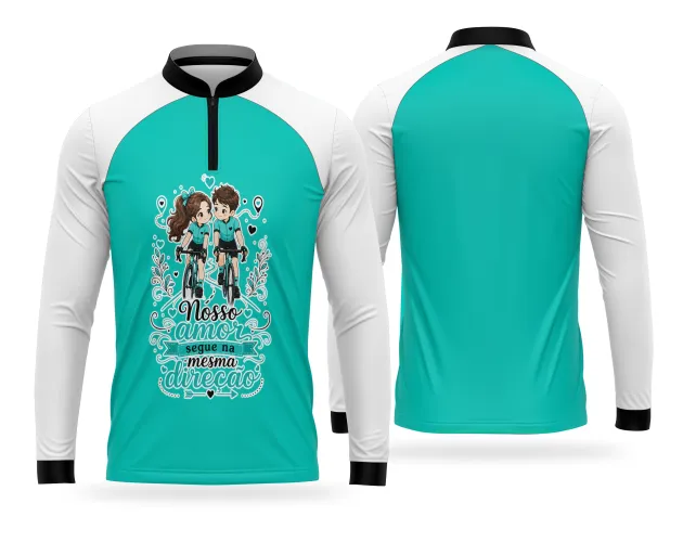 Arte de bike para casal aplicada em camisa esportiva de ciclismo personalizada