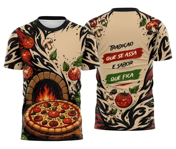 Camisa bege com detalhes pretos, logo no peito e estampa grande nas costas destacando o tema tradicional de pizzaria, com design moderno e acabamento em alta definição.