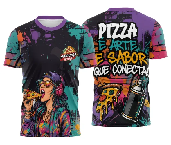 Camisa com logo no peito e estampa grande nas costas apresentando um design grafite urbano que une arte e sabor em inspiração para pizzarias modernas e autênticas.