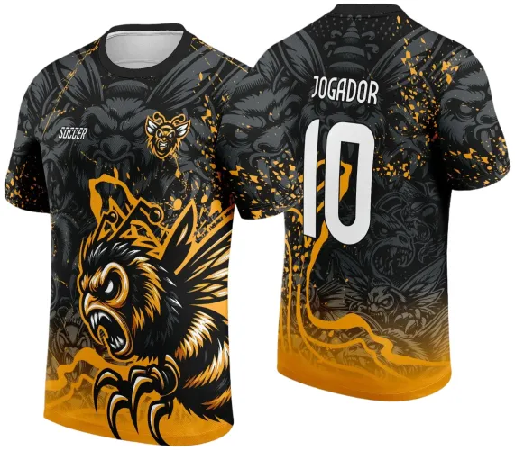 Camisa preta com degradê dourado, abelha agressiva preta e dourada em destaque na frente, texto INTER CLASSE; costas negras com faces sombrias da abelha, número 10 branco e nome JOGADOR no alto.