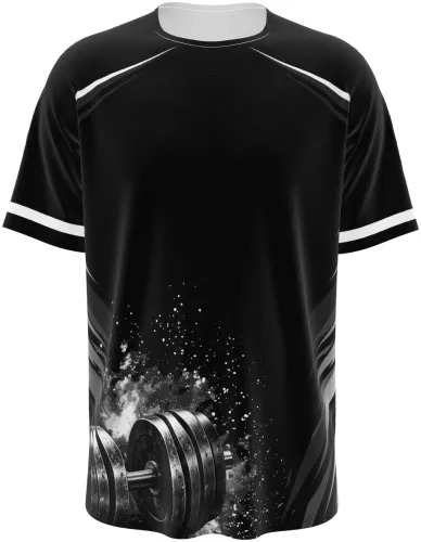 Camisa preta e branca de academia com estampa de halteres, frente e costas lado a lado