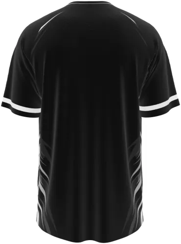 Camisa preta e branca de academia com estampa de halteres, frente e costas lado a lado