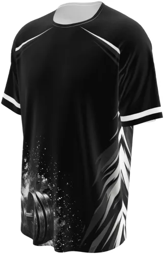 Camisa preta e branca de academia com estampa de halteres, frente e costas lado a lado