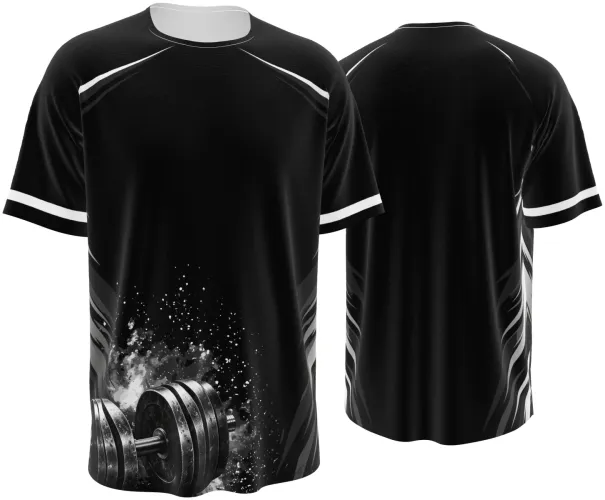 Camisa preta e branca de academia com estampa de halteres, frente e costas lado a lado