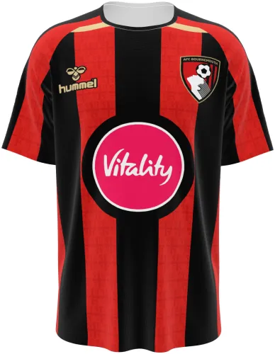 Camisa titular do AFC Bournemouth 2026 - 2027 com listras vermelhas e pretas, frente e costas