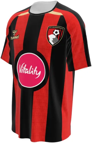 Camisa titular do AFC Bournemouth 2026 - 2027 com listras vermelhas e pretas, frente e costas