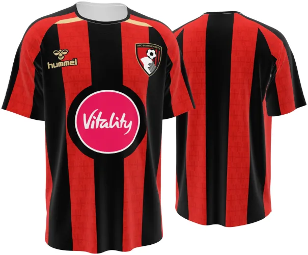 Camisa titular do AFC Bournemouth 2026 - 2027 com listras vermelhas e pretas, frente e costas