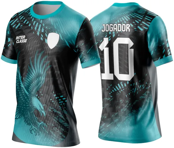 Camisa com estampa frontal de águia azul água em voo sobre fundo preto, com escudo branco e texto INTER CLASSE na frente, costas com padrão geométrico preto e azul água e número 10 com nome JOGADOR em branco.