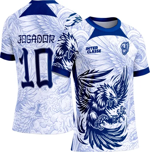 Camisa branca com versão agressiva de águia azul na frente, texto INTER CLASSE e escudo com cabeça de águia. Nas costas, número 10 e texto JOGADOR em azul com desenho sutil da águia em fundo branco.