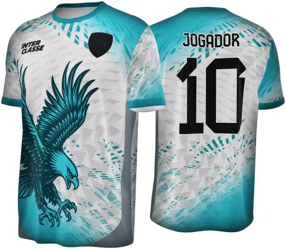 Camisa branca com degradê verde água, águia azul turquesa em destaque na frente, escudo preto no peito direito e texto Inter Classe. Nas costas, nome JOGADOR e número 10 em preto sobre fundo branco com detalhes verdes.
