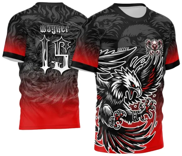 Camisa preta com degradê vermelho na parte inferior, frente com águia estilizada branca, preta e vermelha e texto 'SOCCER'; costas com número 15 e textos 'JOGADOR' e 'INTER CLASSE' em branco sobre fundo com imagens sombreadas de águia.