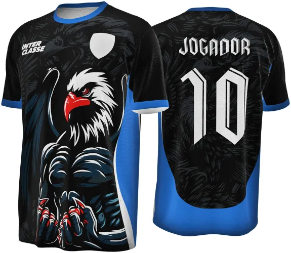 Camisa preta com laterais e gola azul, mostrando águia mascarada com bico vermelho na frente e texto INTER CLASSE. Nas costas, número 10 e JOGADOR em branco sobre fundo preto e azul.