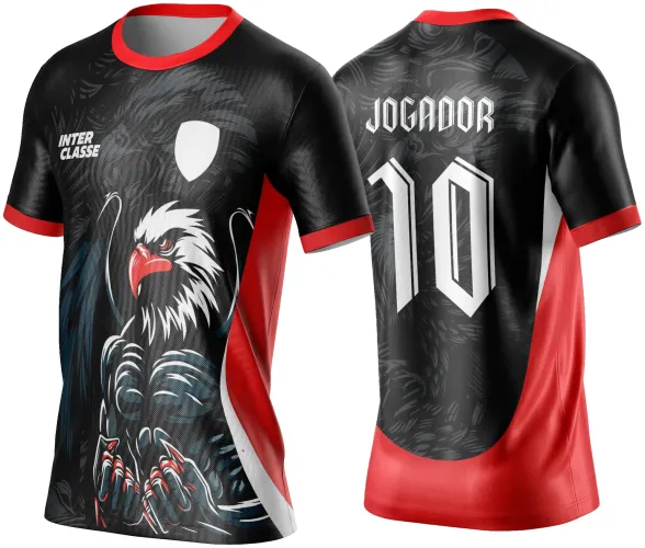 Camisa preta com gola e detalhes vermelhos, na frente águia com bico vermelho e garras afiadas, textos INTER CLASSE e escudo branco, costas com texto JOGADOR e número 10 em branco sob fundo de sombra da águia