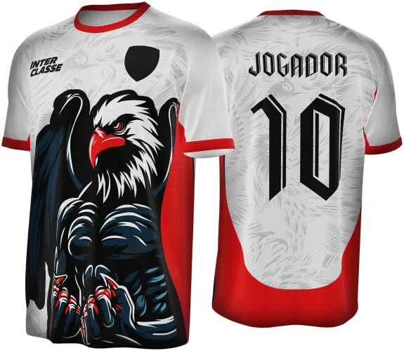 Camisa branca com detalhes vermelhos e gola vermelha, na frente uma águia preta e branca com bico vermelho em pose imponente, texto INTER CLASSE e escudo preto, nas costas fundo com penas cinzas, número 10 e texto JOGADOR em preto.