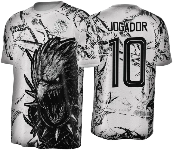 Camisa branca com manchas pretas, frente com águia agressiva e colar de espinhos, escudo no peito esquerdo e texto INTER CLASSE; costas exibem JOGADOR e número 10 em preto sobre fundo manchado.