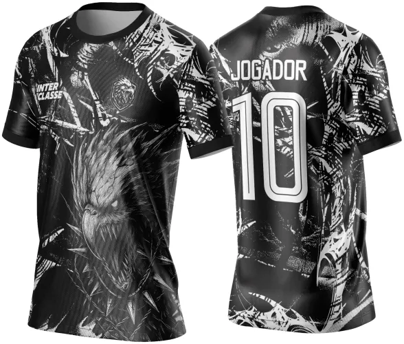 Camisa preta com estampa frontal de águia sombria detalhada em cinza e branco, com o texto INTER CLASSE e escudo no peito, costas com padrão abstrato, número 10 e texto JOGADOR em branco.