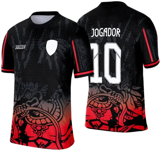 Camisa preta com degradê vermelho na parte inferior, frente com escudo branco e logo Soccer, costas com nome JOGADOR e número 10 em branco, detalhes tribais de águia em vermelho e mangas com faixas vermelhas.