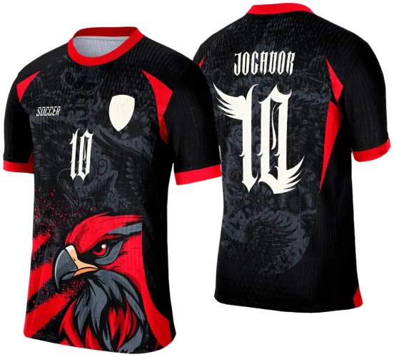Camisa preta com gola e detalhes vermelhos, frente com águia vermelha marcante, número 10 e escudo branco, costas com número 10 grande estilizado com asas e palavra 'JOGADOR' em branco