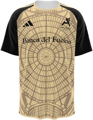 Camisa visitante do Alcione Milano 2026 - 2027 bege com a cúpula da Galleria desenhada, frente e costas