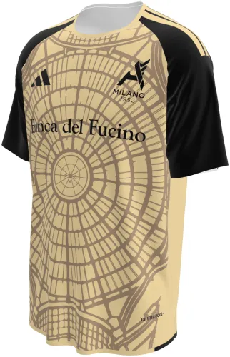 Camisa visitante do Alcione Milano 2026 - 2027 bege com a cúpula da Galleria desenhada, frente e costas