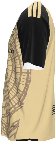 Camisa visitante do Alcione Milano 2026 - 2027 bege com a cúpula da Galleria desenhada, frente e costas