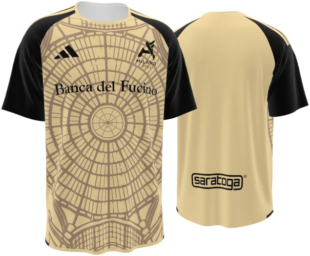 Camisa visitante do Alcione Milano 2026 - 2027 bege com a cúpula da Galleria desenhada, frente e costas