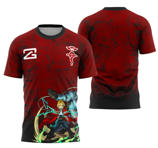 Camisa vermelha com fade para preto, frente com personagem de capa vermelha em pose de ataque e personagem com armadura azul atrás, número 2 branco no peito direito e escudo branco do lado esquerdo, costas com fundo sombreado vermelho e preto sem textos.