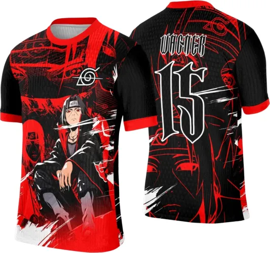 Camisa preta e vermelha com anime Itachi na frente em pose sentada, símbolo branco do anime e detalhes vermelhos. Costas com número 15 grande em branco, nome WAGNER em topo e fundo com estilo grafite em vermelho.