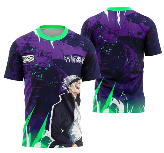 Camisa roxa com degradê verde neon na barra, personagem de anime com cabelo branco na frente, fundo com ilustrações sombreadas em roxo escuro, gola verde e detalhes gráficos verdes e brancos nas costas.