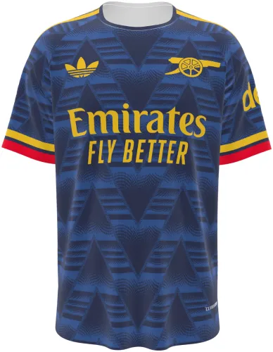 Camisa visitante do Arsenal 2026 - 2027 azul com grafismo em ziguezague, frente e costas