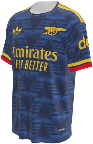 Camisa visitante do Arsenal 2026 - 2027 azul com grafismo em ziguezague, frente e costas