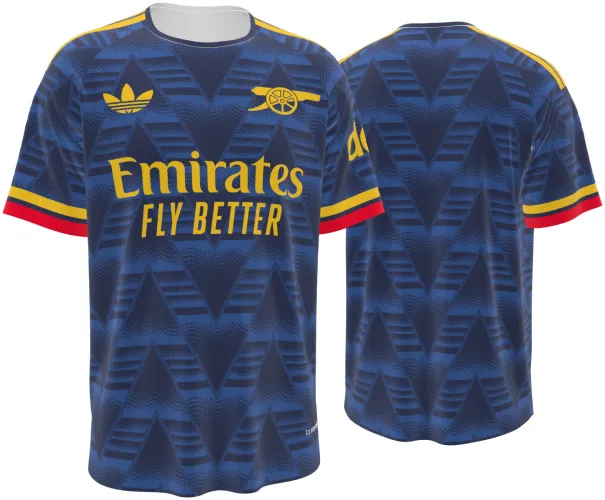 Camisa visitante do Arsenal 2026 - 2027 azul com grafismo em ziguezague, frente e costas
