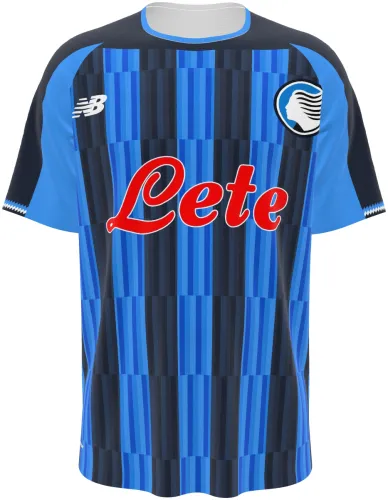 Camisa titular da Atalanta 2026 - 2027 com listras azuis e pretas em blocos, frente e costas